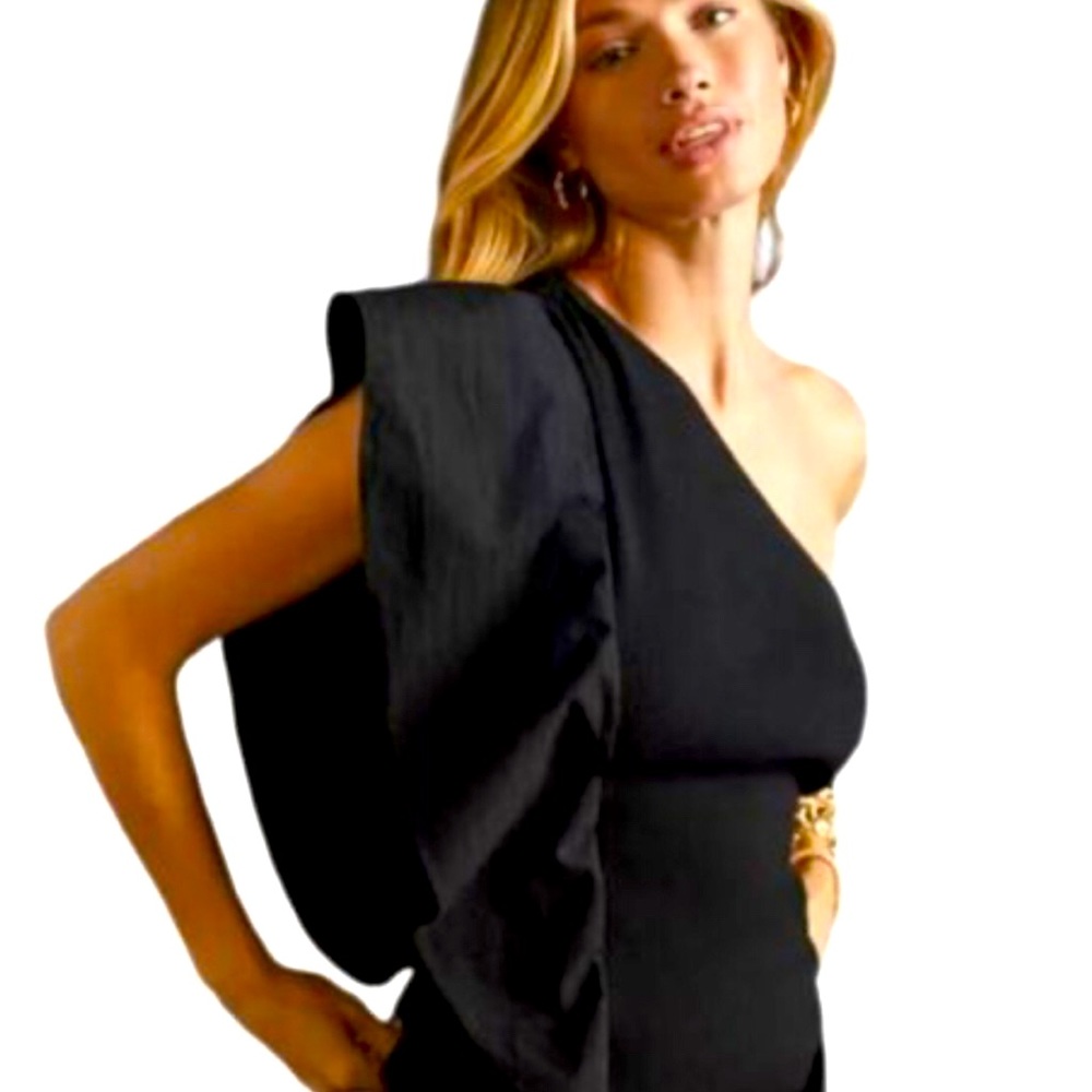 Anthropologie One Shoulder Black Ruffle Top